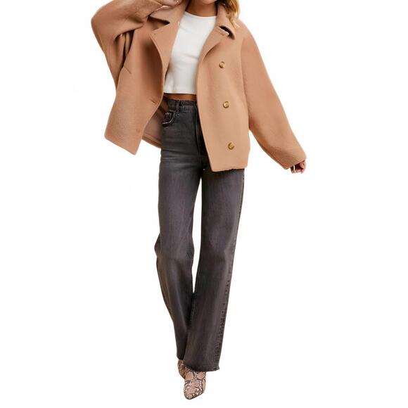 NEW KNIT & LOUNGE oversized cropped wool-blend coat in light fawn - Picture 5 of 5